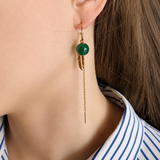 Creoles with green agate, feather and chain in silver