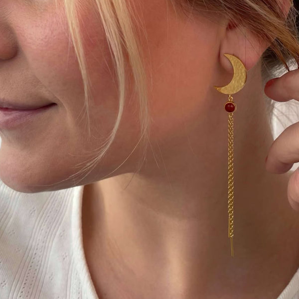 MOON earring with red jasper and chains