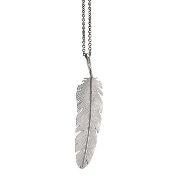 Feather pendant large rhodium plated